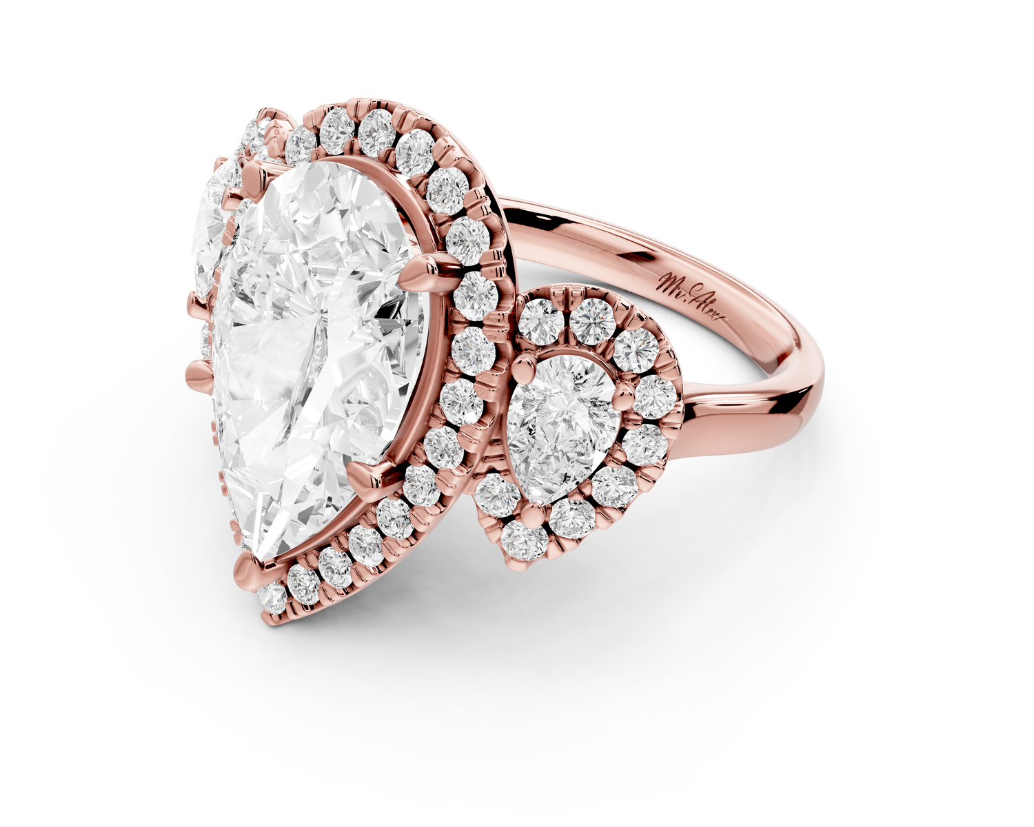 Iris - 5ct 14k rose gold Three stone pear Halo engagement ring