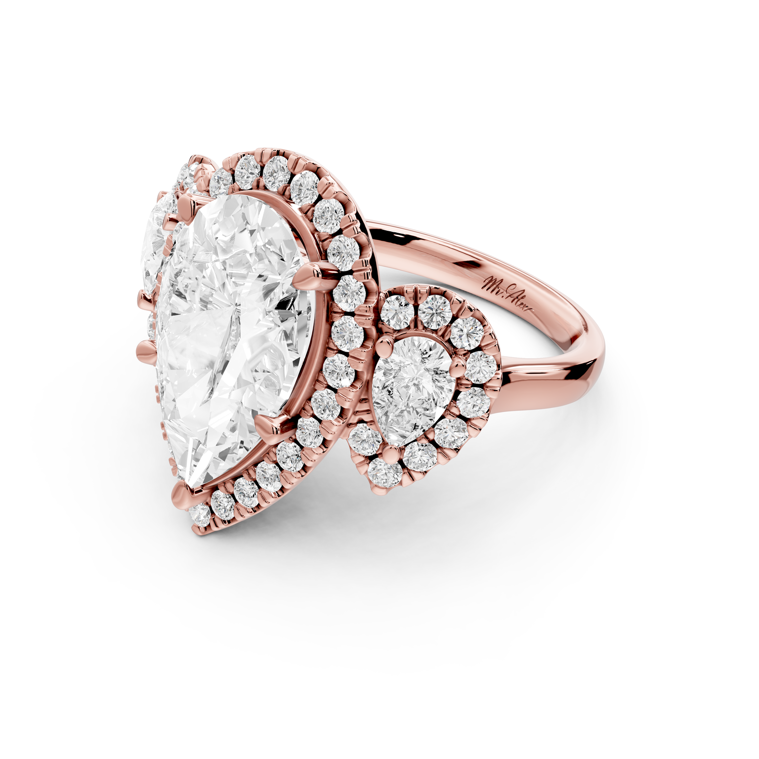 Iris - 5ct 18k rose gold Three stone pear Halo engagement ring