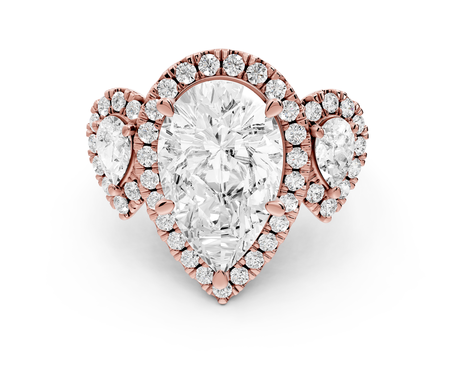Iris - 5ct 14k rose gold Three stone pear Halo engagement ring