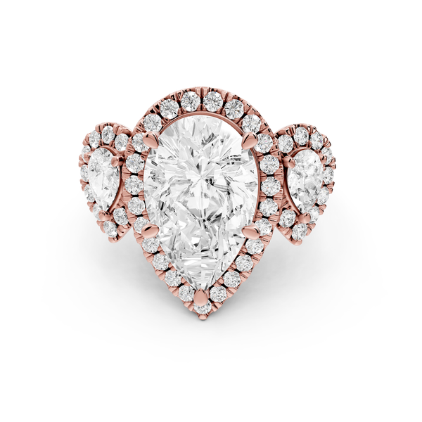 Iris - 5ct 14k rose gold Three stone pear Halo engagement ring