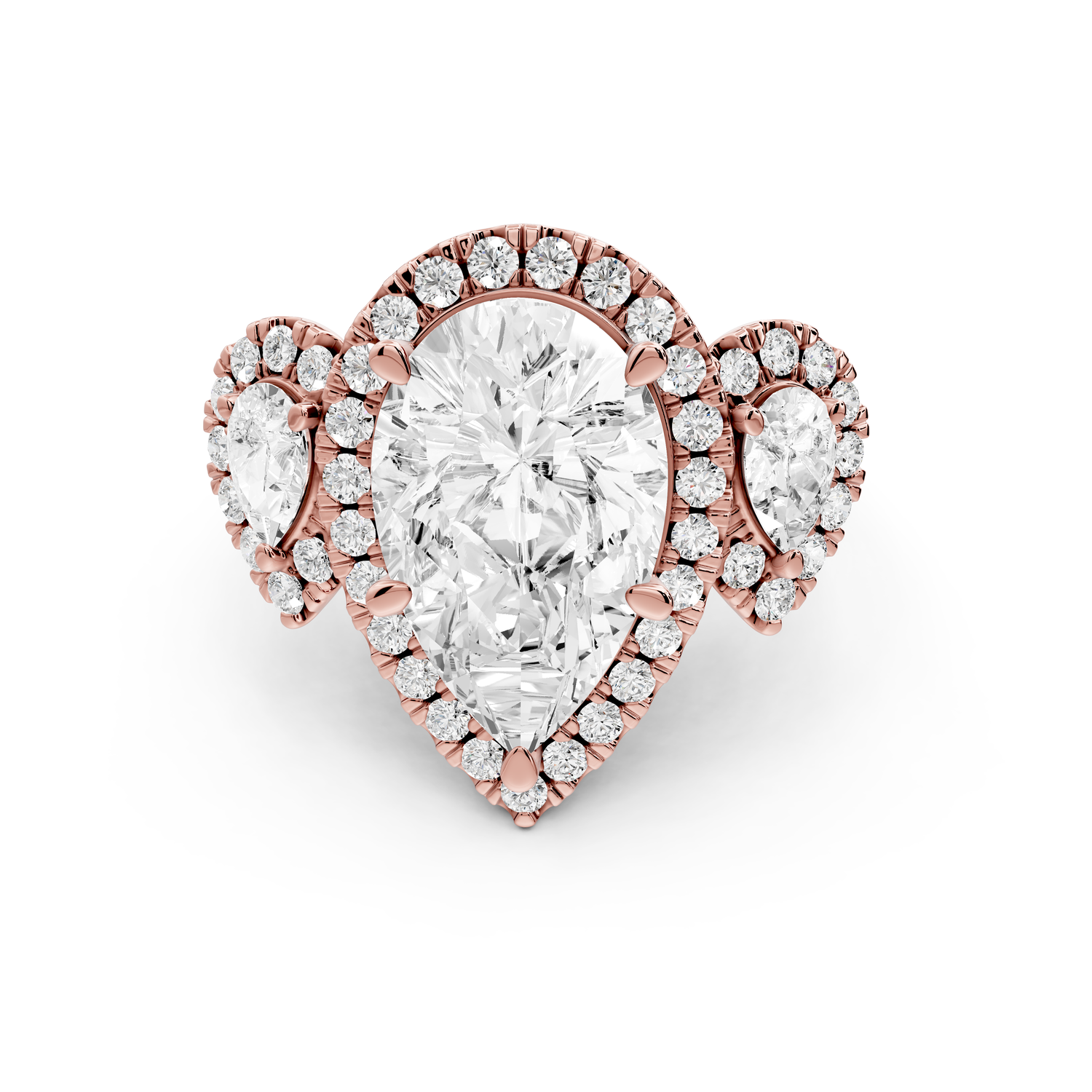 Iris - 5ct 18k rose gold Three stone pear Halo engagement ring