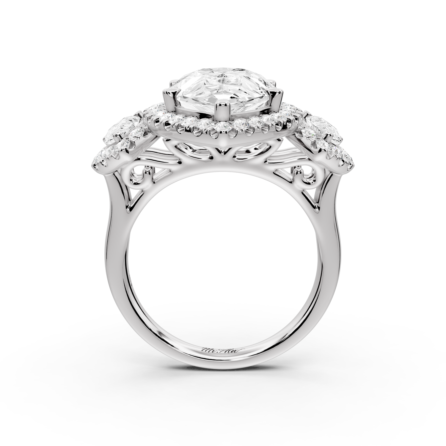 Iris - 5ct 14k white gold Three stone pear Halo engagement ring
