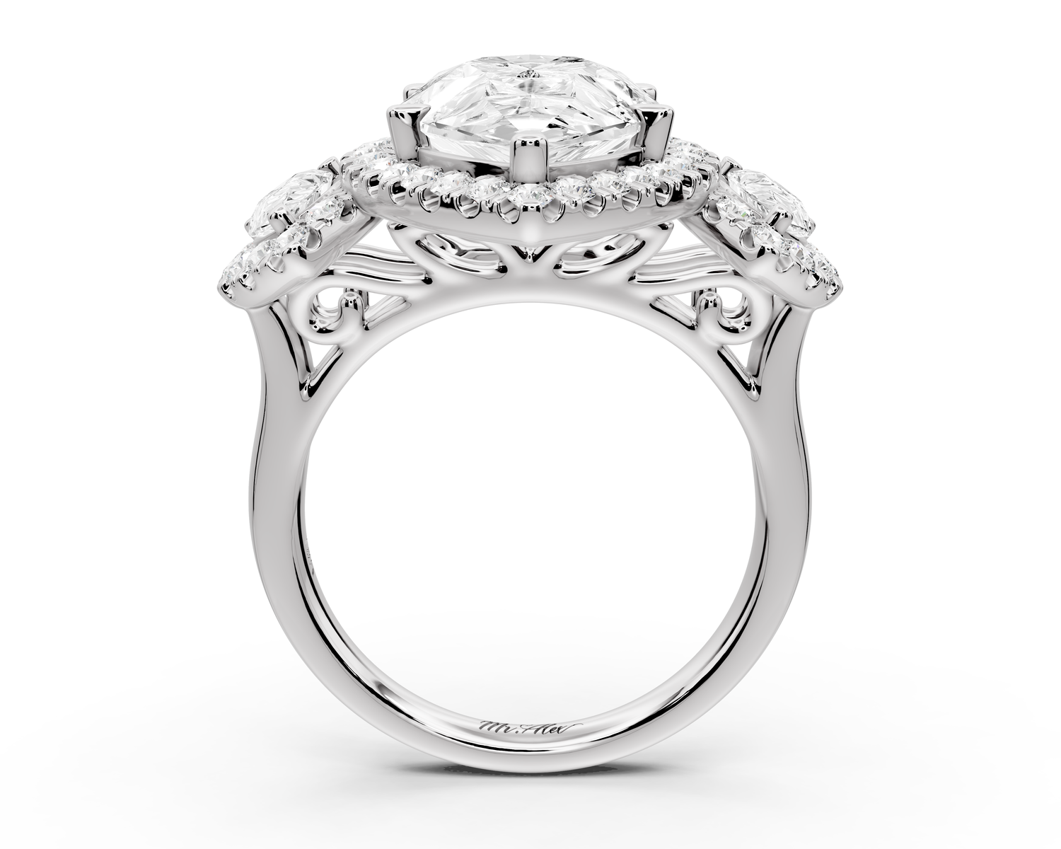 Iris - 5ct 18k white gold Three stone pear Halo engagement ring