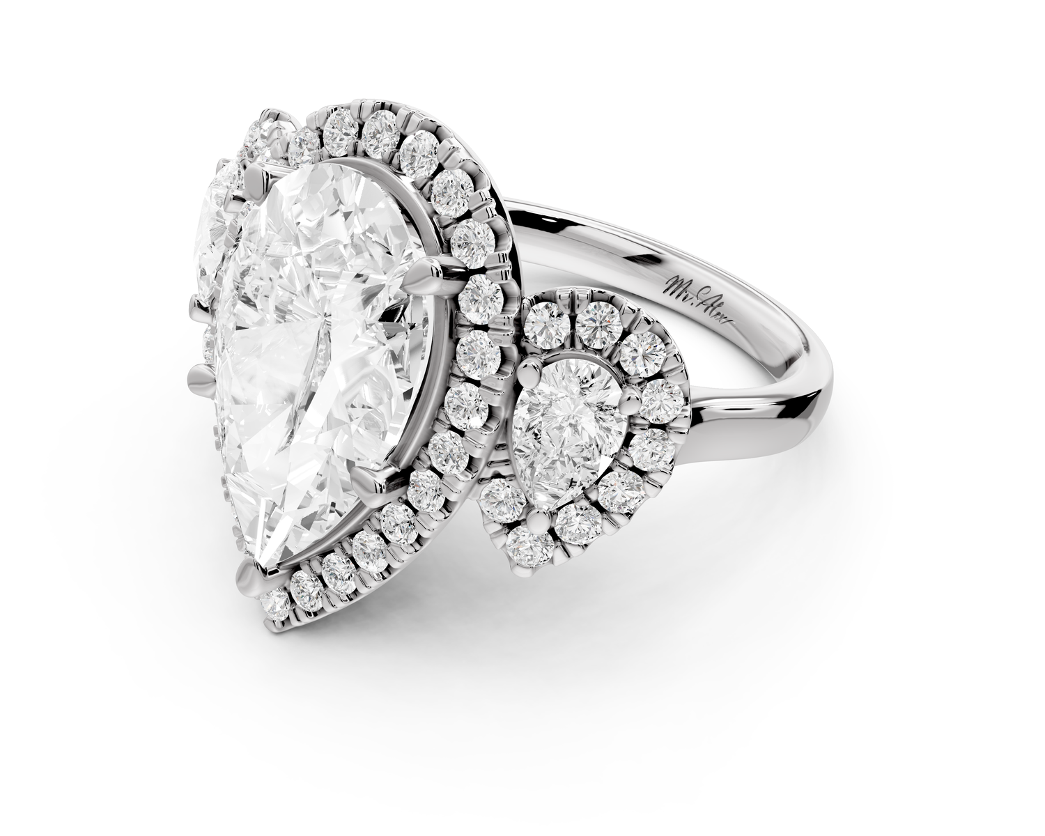Iris - 5ct 14k white gold Three stone pear Halo engagement ring