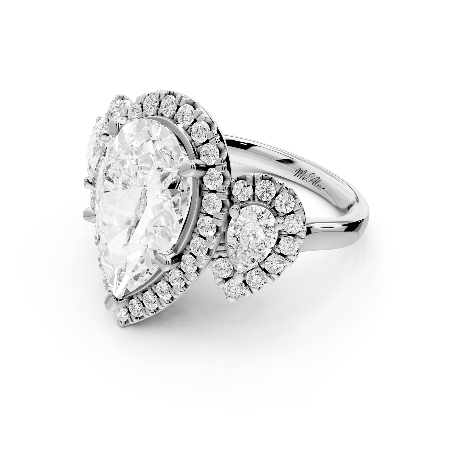 Iris - 5ct 14k white gold Three stone pear Halo engagement ring
