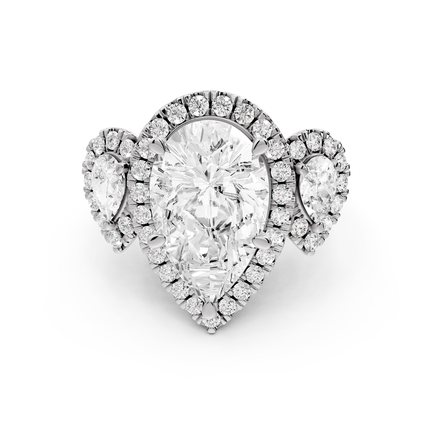 Iris - 5ct 14k white gold Three stone pear Halo engagement ring
