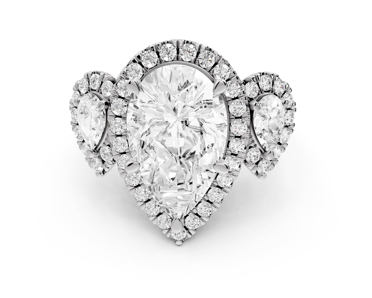 Iris - 5ct 18k white gold Three stone pear Halo engagement ring