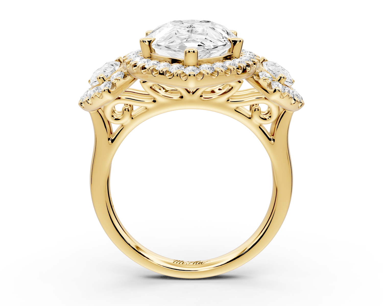 Iris - 5ct 14k yellow gold Three stone pear Halo engagement ring