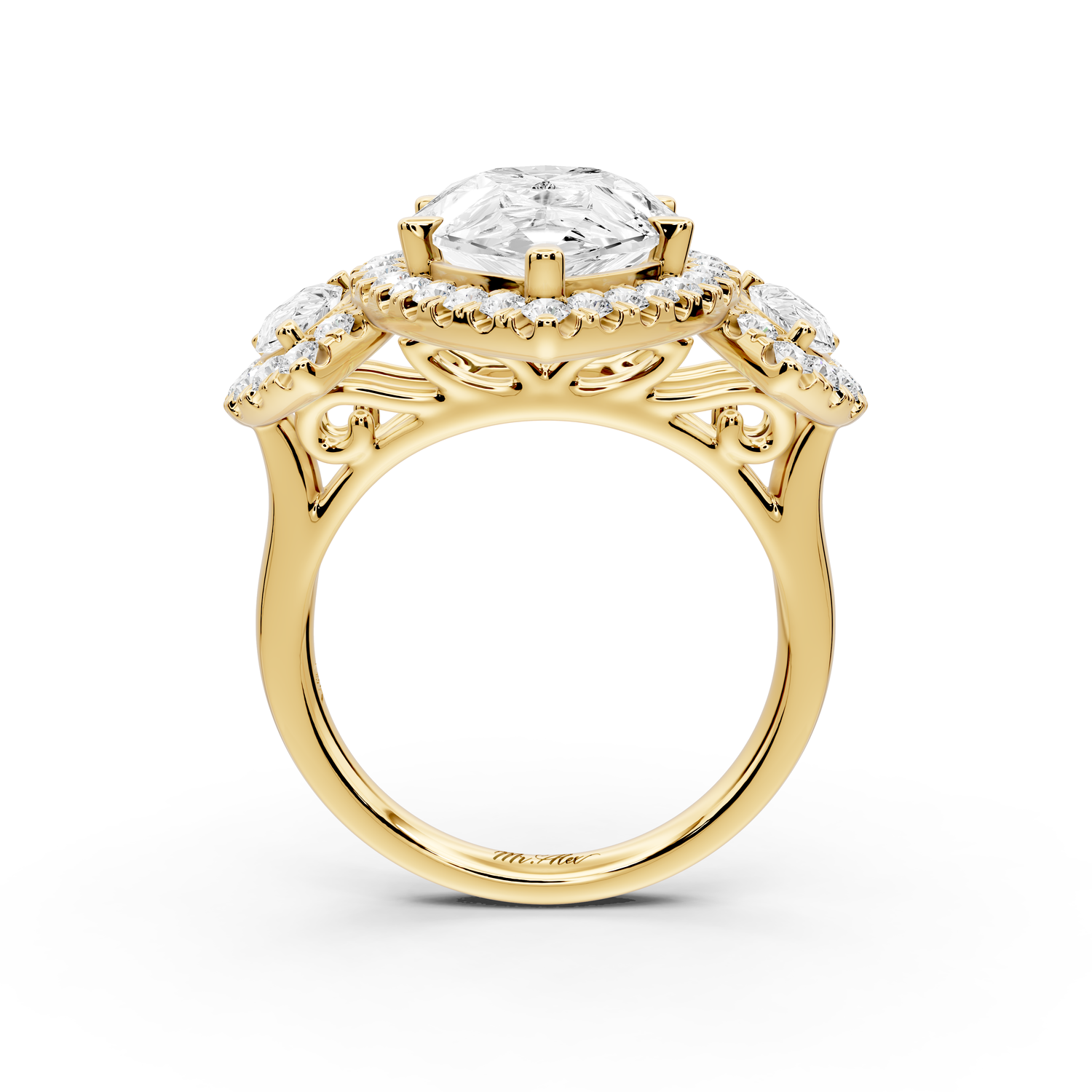 Iris - 5ct 14k yellow gold Three stone pear Halo engagement ring