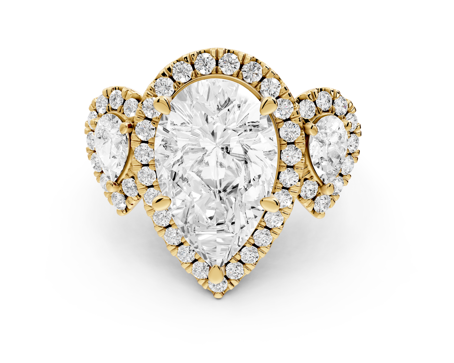 Iris - 5ct 14k yellow gold Three stone pear Halo engagement ring
