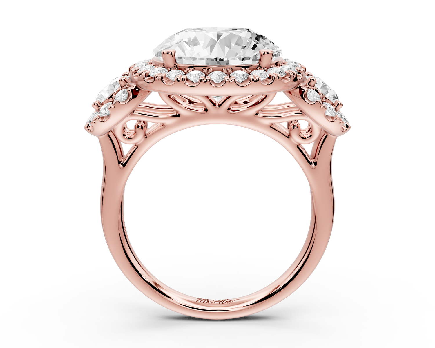 Iris - 5ct 14k rose gold Three stone round Halo engagement ring