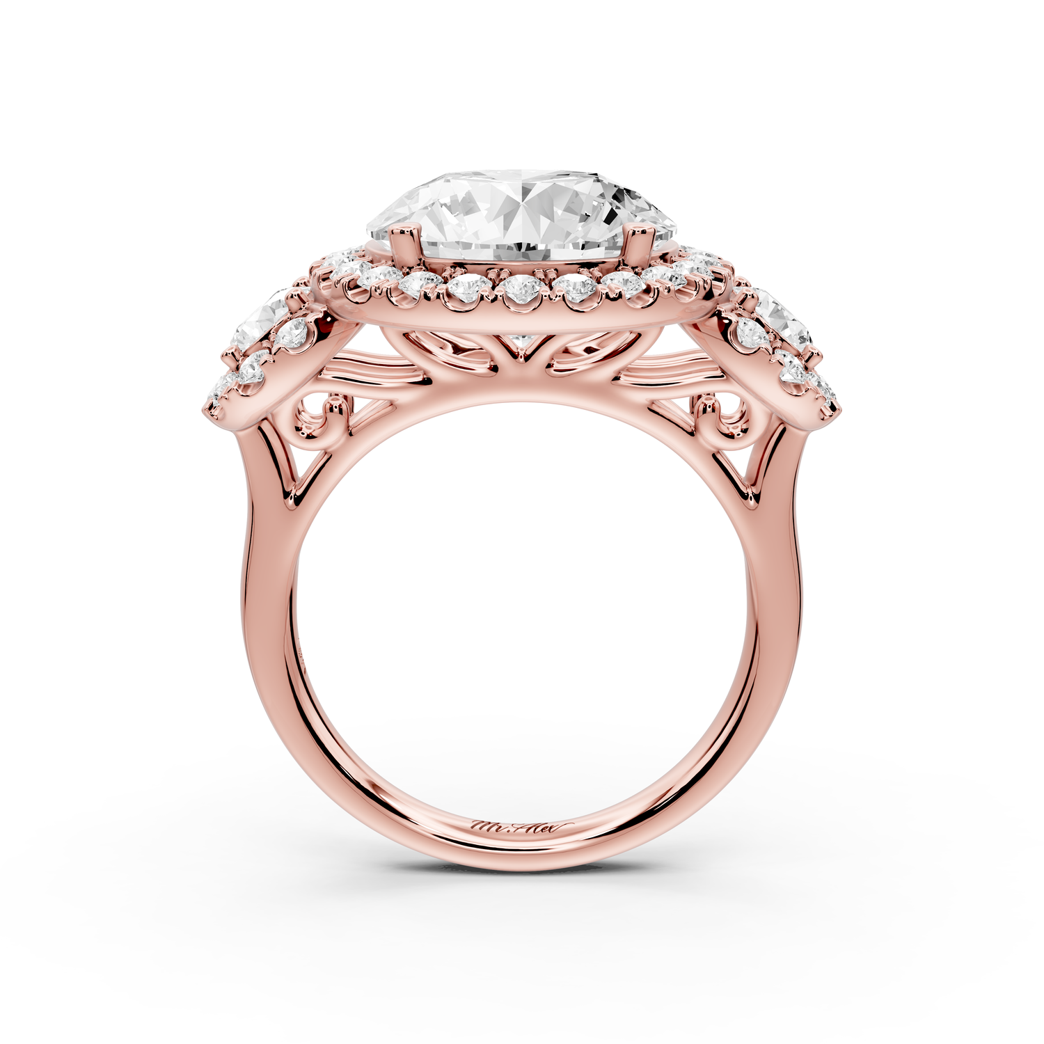 Iris - 5ct 14k rose gold Three stone round Halo engagement ring