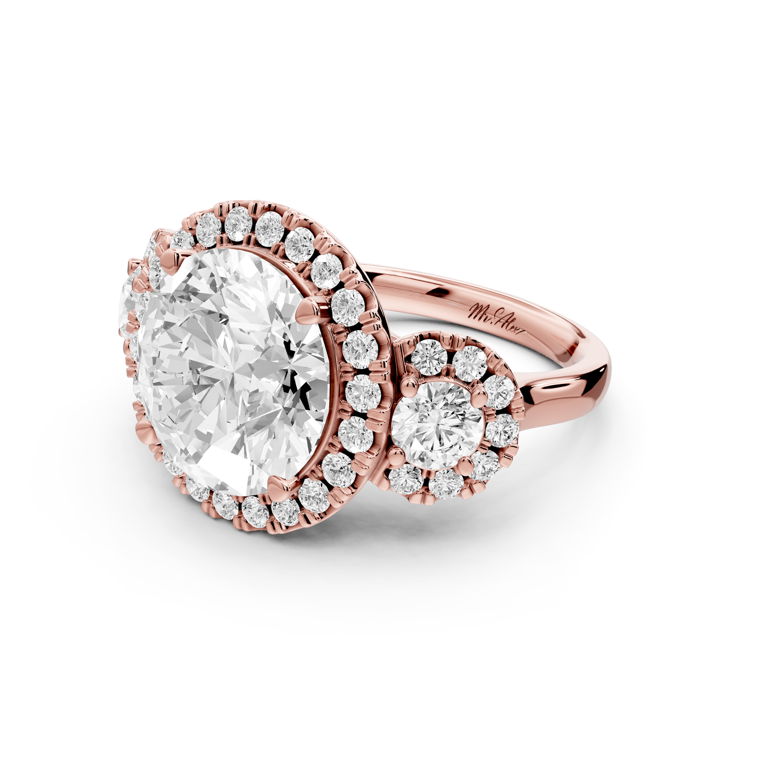 Iris - 5ct 14k rose gold Three stone round Halo engagement ring