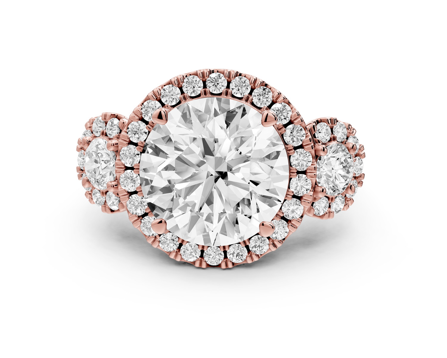 Iris - 5ct 14k rose gold Three stone round Halo engagement ring
