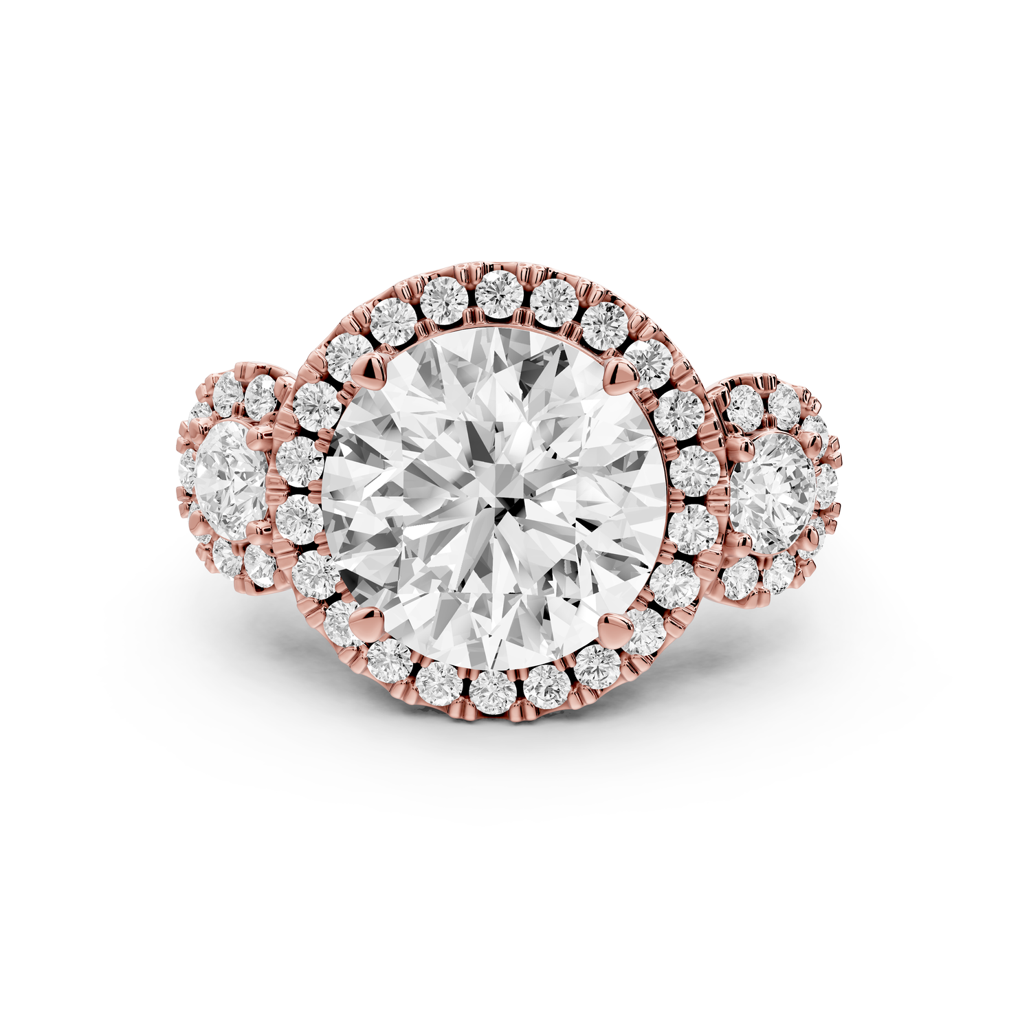 Iris - 5ct 14k rose gold Three stone round Halo engagement ring