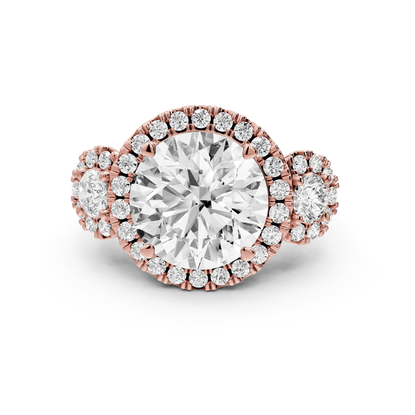Iris - 5ct 14k rose gold Three stone round Halo engagement ring