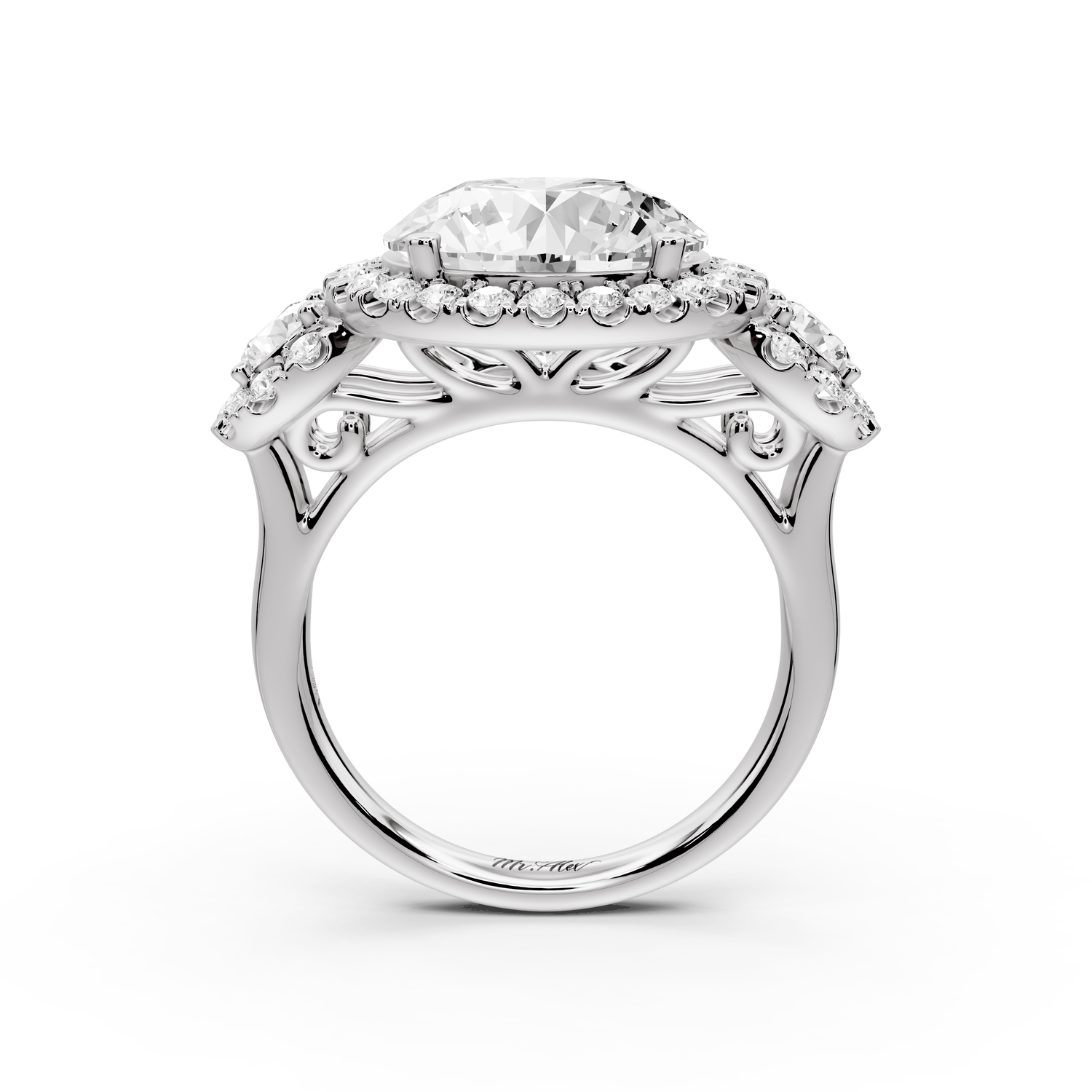 Iris - 5ct 14k white gold Three stone round Halo engagement ring