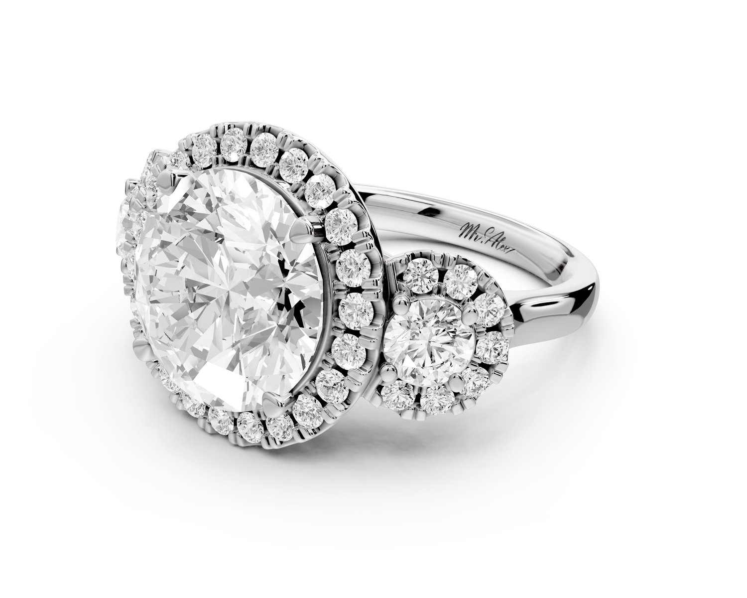 Iris - 5ct 14k white gold Three stone round Halo engagement ring