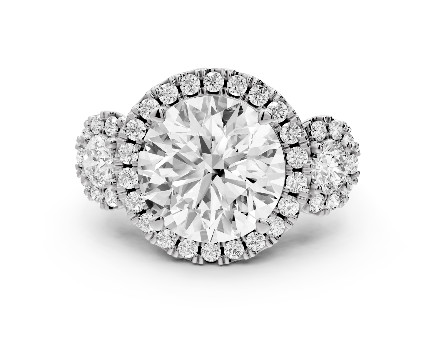 Iris - 5ct 14k white gold Three stone round Halo engagement ring