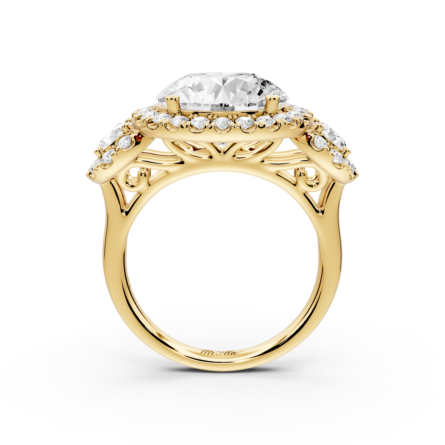 Iris - 5ct 14k yellow gold Three stone round Halo engagement ring