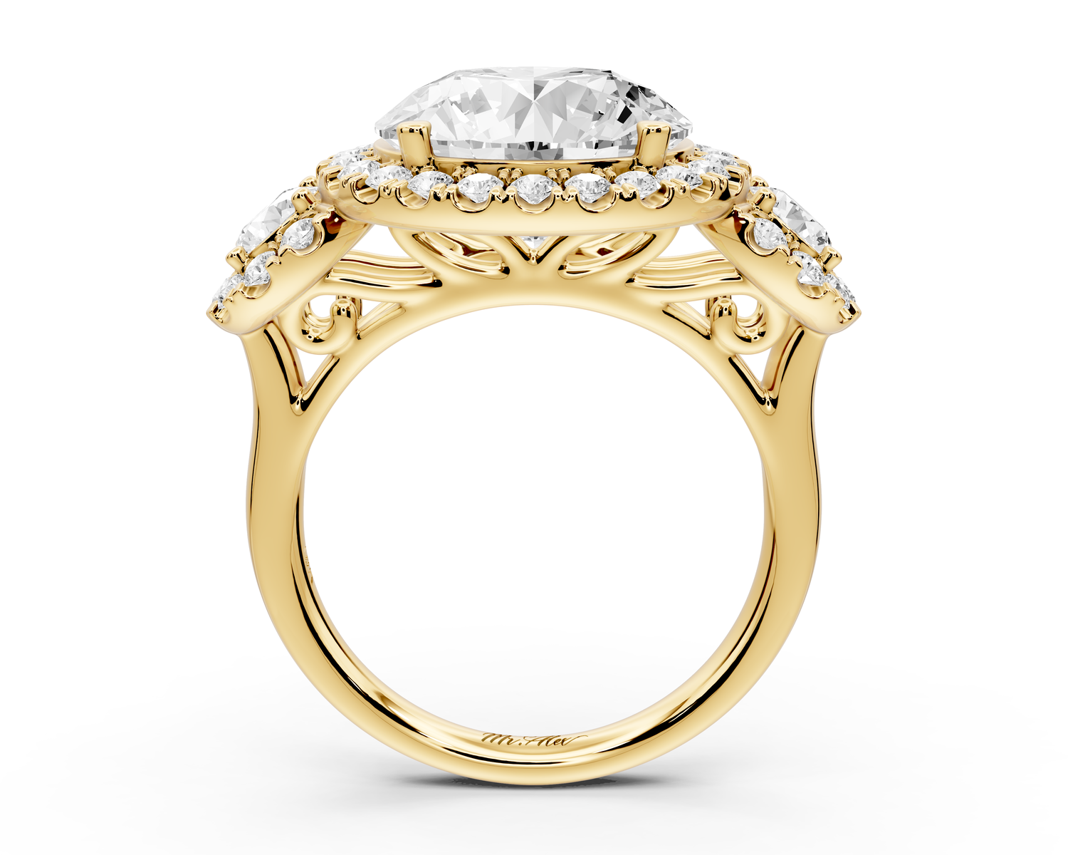 Iris - 5ct 18k yellow gold Three stone round Halo engagement ring