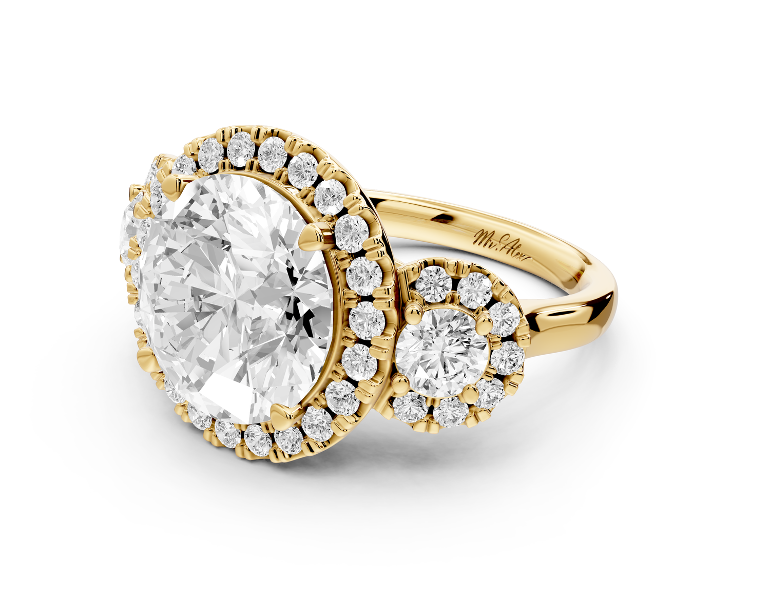 Iris - 5ct 18k yellow gold Three stone round Halo engagement ring