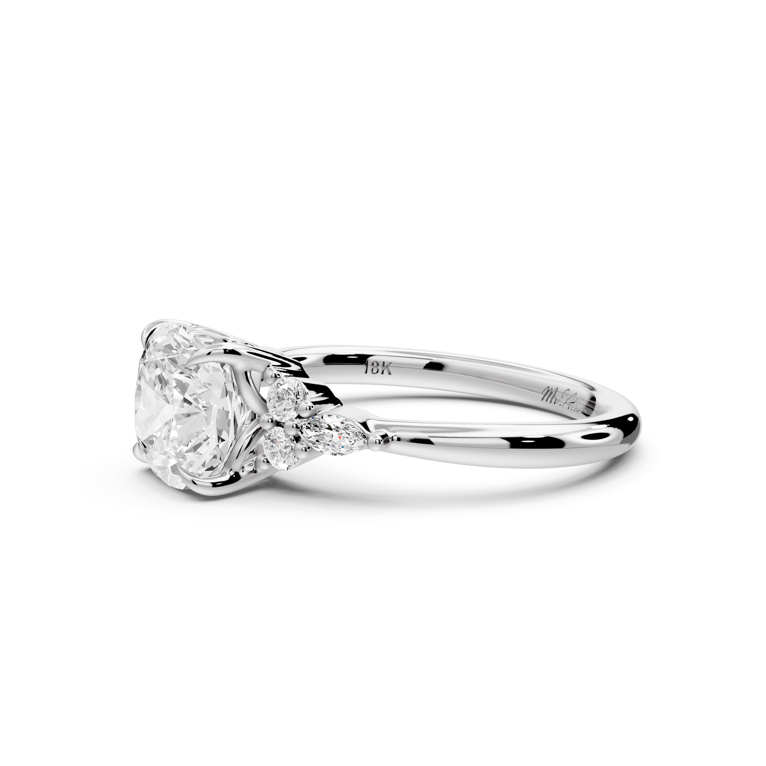 Sandi - 2ct platinum Cushion Floral Cluster Side-Stone Engagement Ring with Plain Band