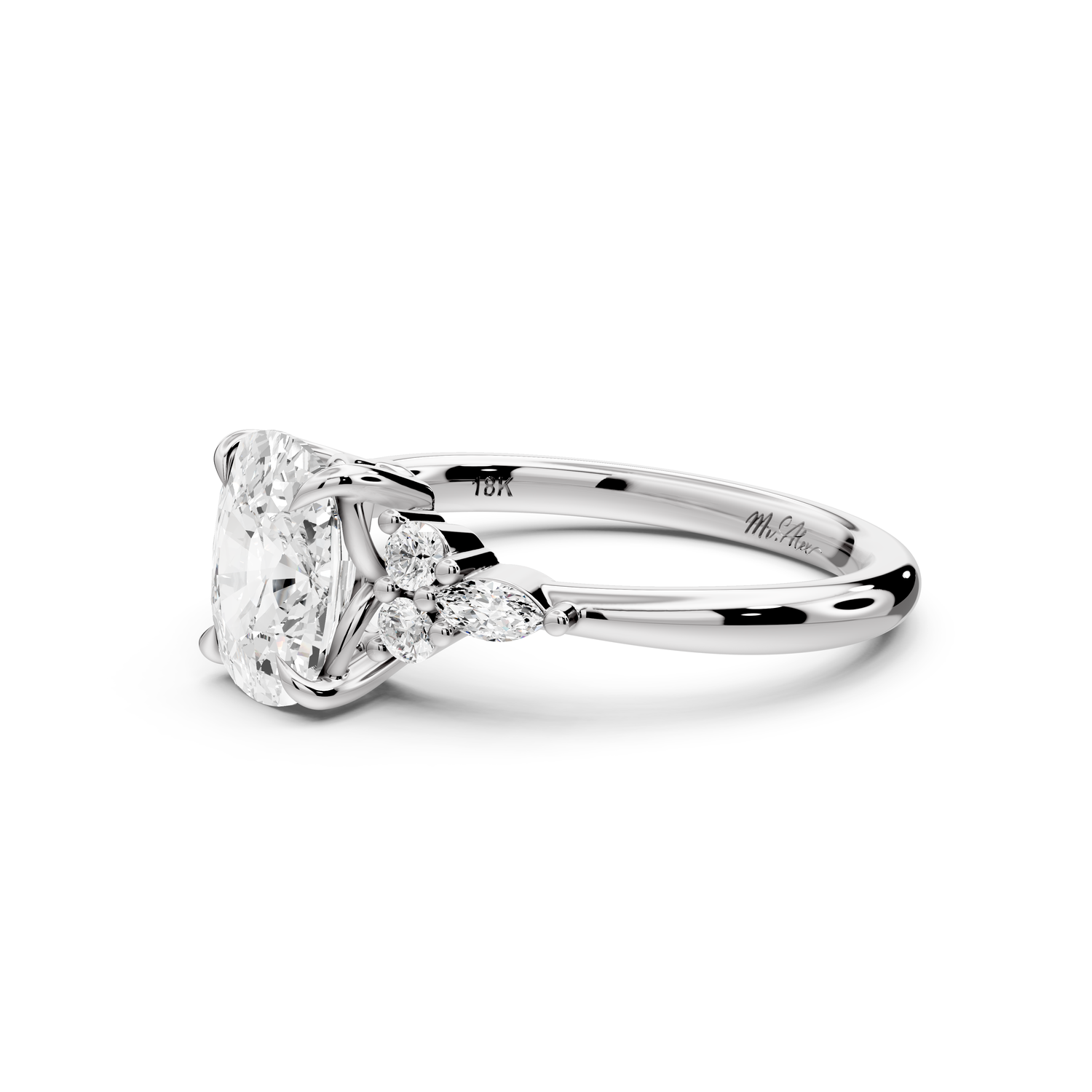 Sandi - 2ct platinum Ecushion Floral Cluster Side-Stone Engagement Ring with Plain Band