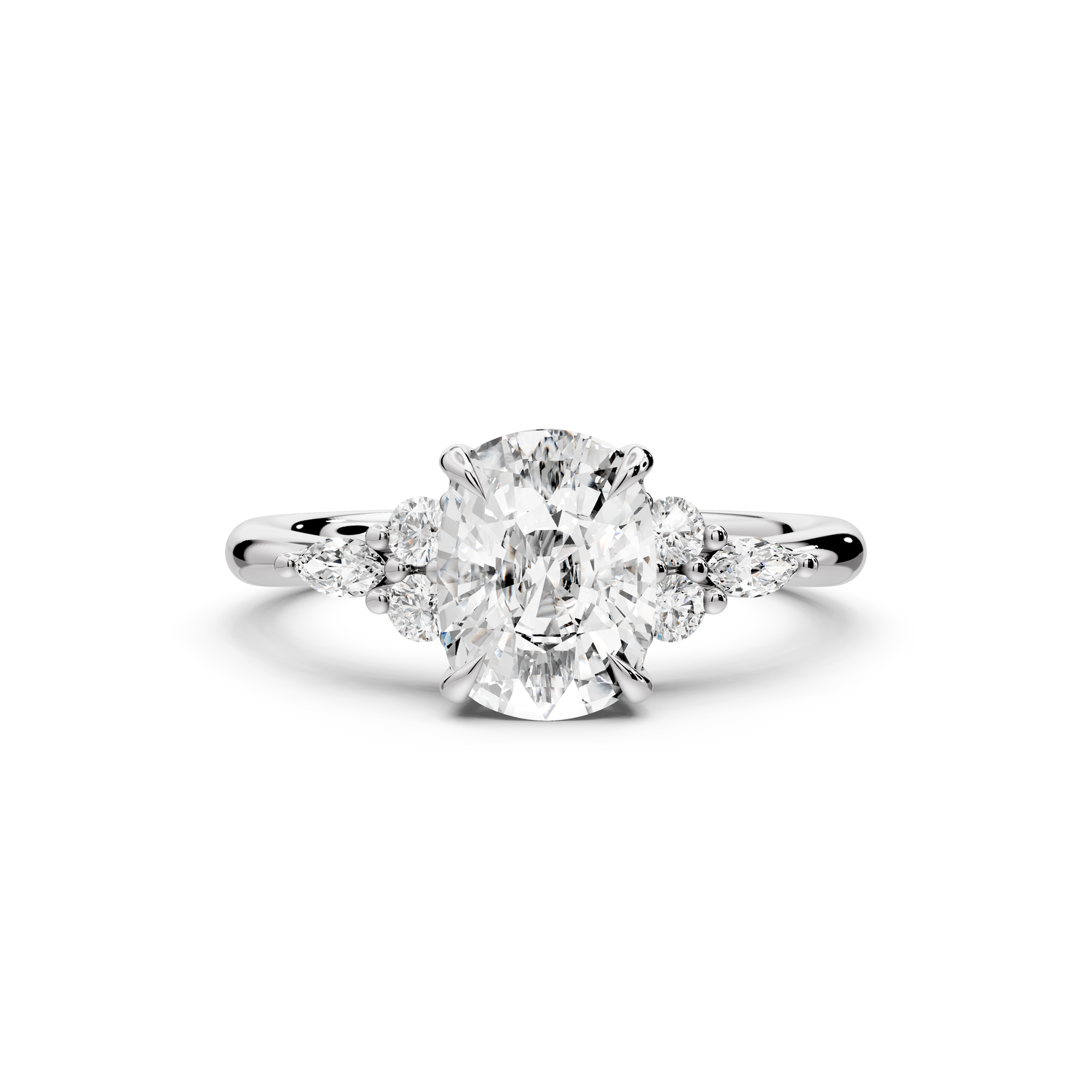 Sandi - 2ct platinum Ecushion Floral Cluster Side-Stone Engagement Ring with Plain Band