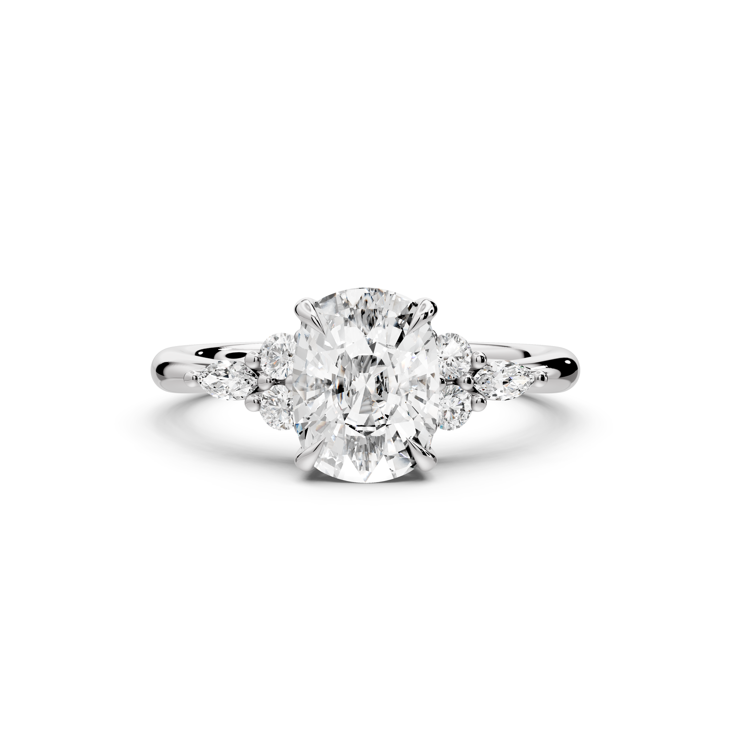 Sandi - 2ct platinum Ecushion Floral Cluster Side-Stone Engagement Ring with Plain Band