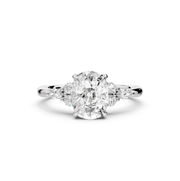 Sandi - 2ct platinum Ecushion Floral Cluster Side-Stone Engagement Ring with Plain Band