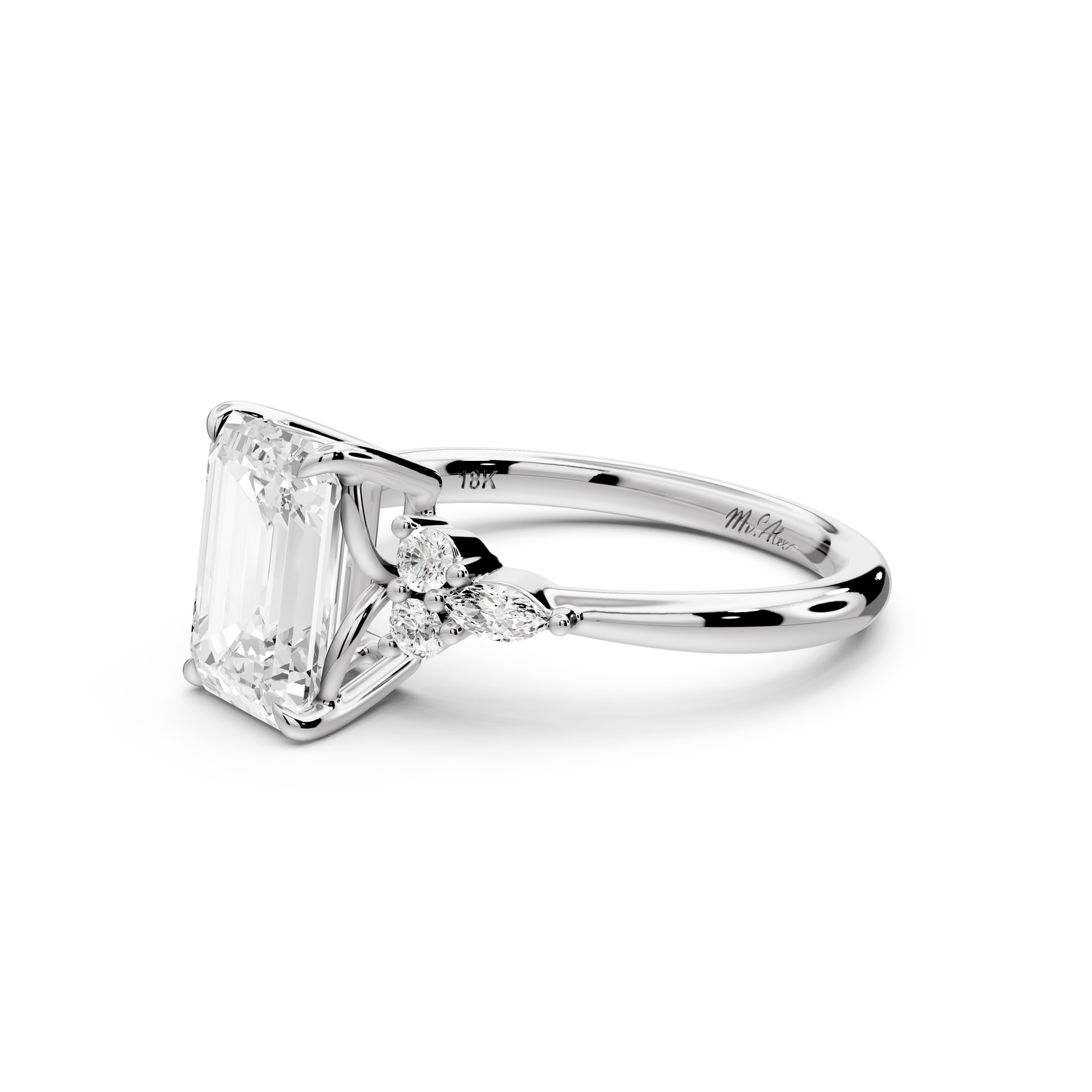 Sandi - 2ct platinum Emerald Floral Cluster Side-Stone Engagement Ring with Plain Band