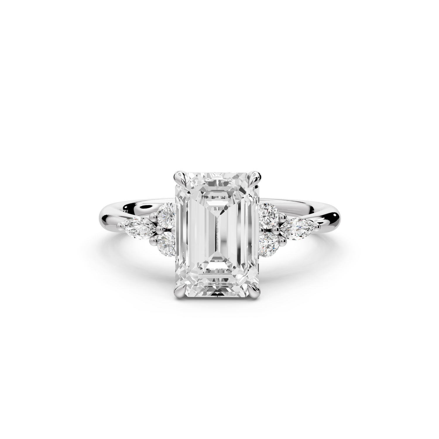 Sandi - 2ct platinum Emerald Floral Cluster Side-Stone Engagement Ring with Plain Band
