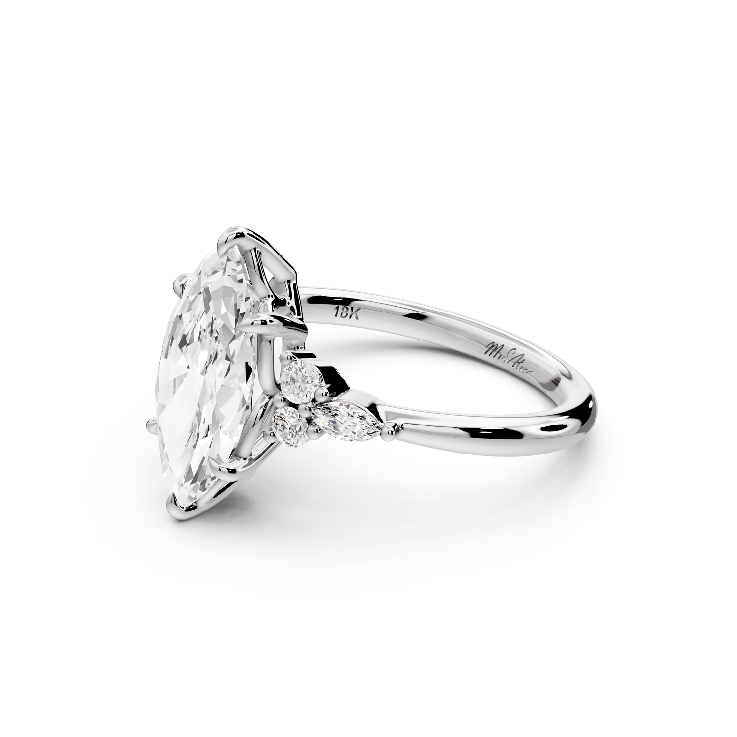 Sandi - 2ct platinum Marquise Floral Cluster Side-Stone Engagement Ring with Plain Band