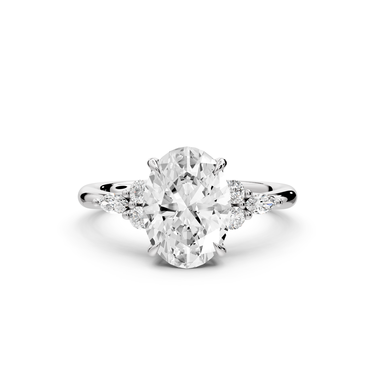 Sandi - 2ct platinum Oval Floral Cluster Side-Stone Engagement Ring with Plain Band