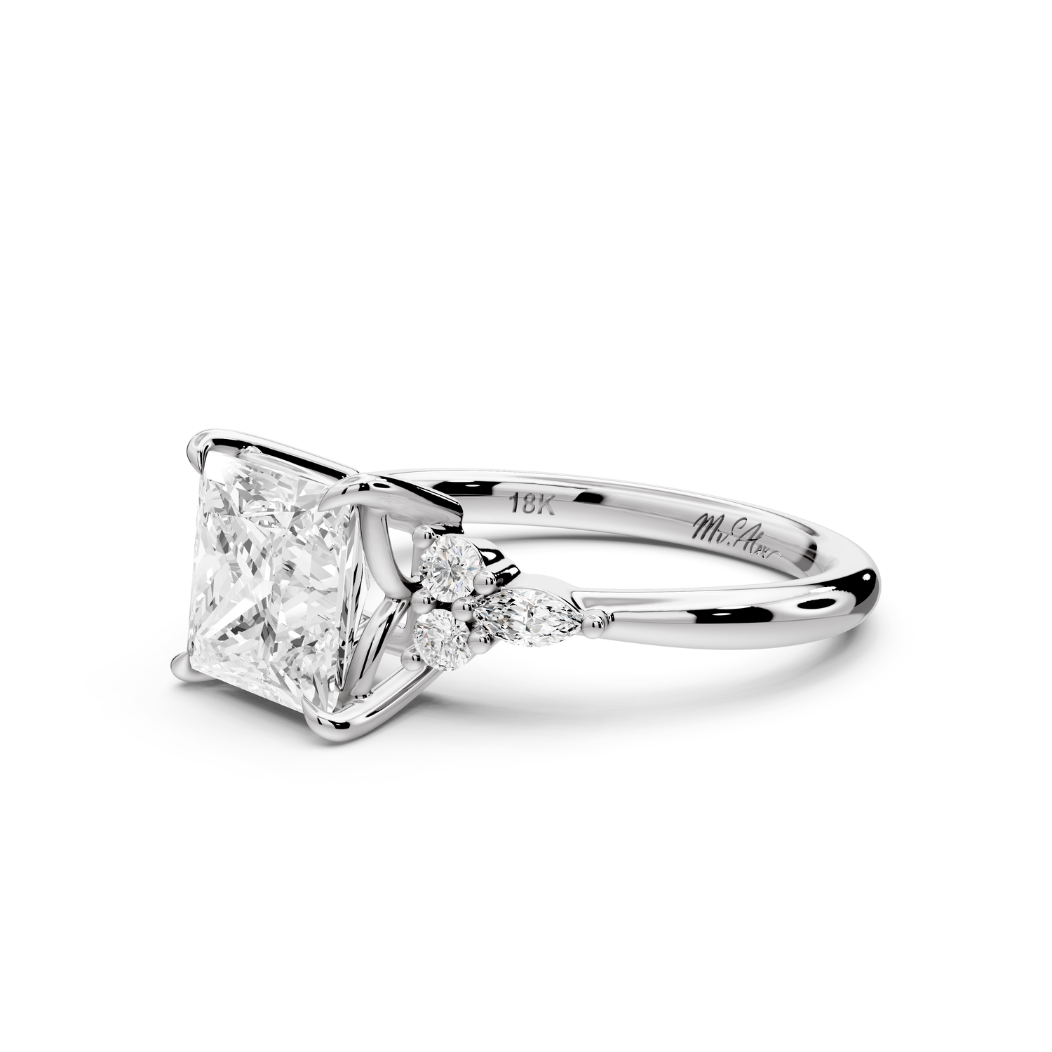 Sandi - 2ct platinum Princess Floral Cluster Side-Stone Engagement Ring with Plain Band