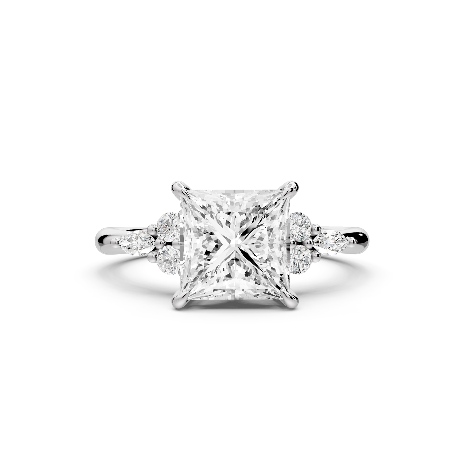 Sandi - 2ct platinum Princess Floral Cluster Side-Stone Engagement Ring with Plain Band
