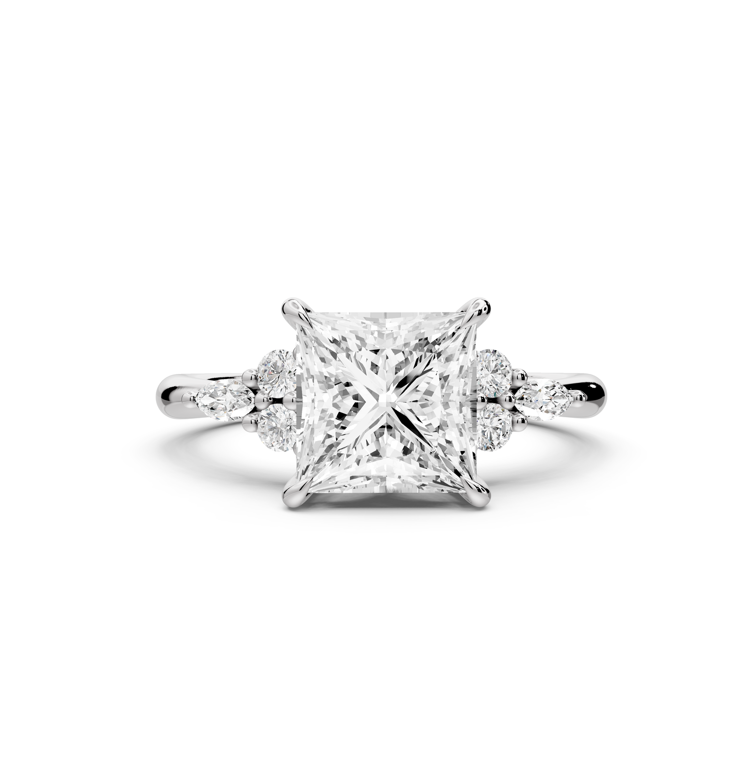 Sandi - 2ct platinum Princess Floral Cluster Side-Stone Engagement Ring with Plain Band