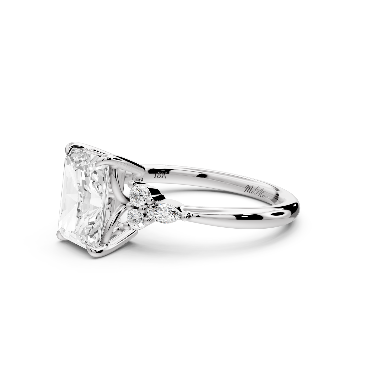 Sandi - 2ct platinum Radiant Floral Cluster Side-Stone Engagement Ring with Plain Band