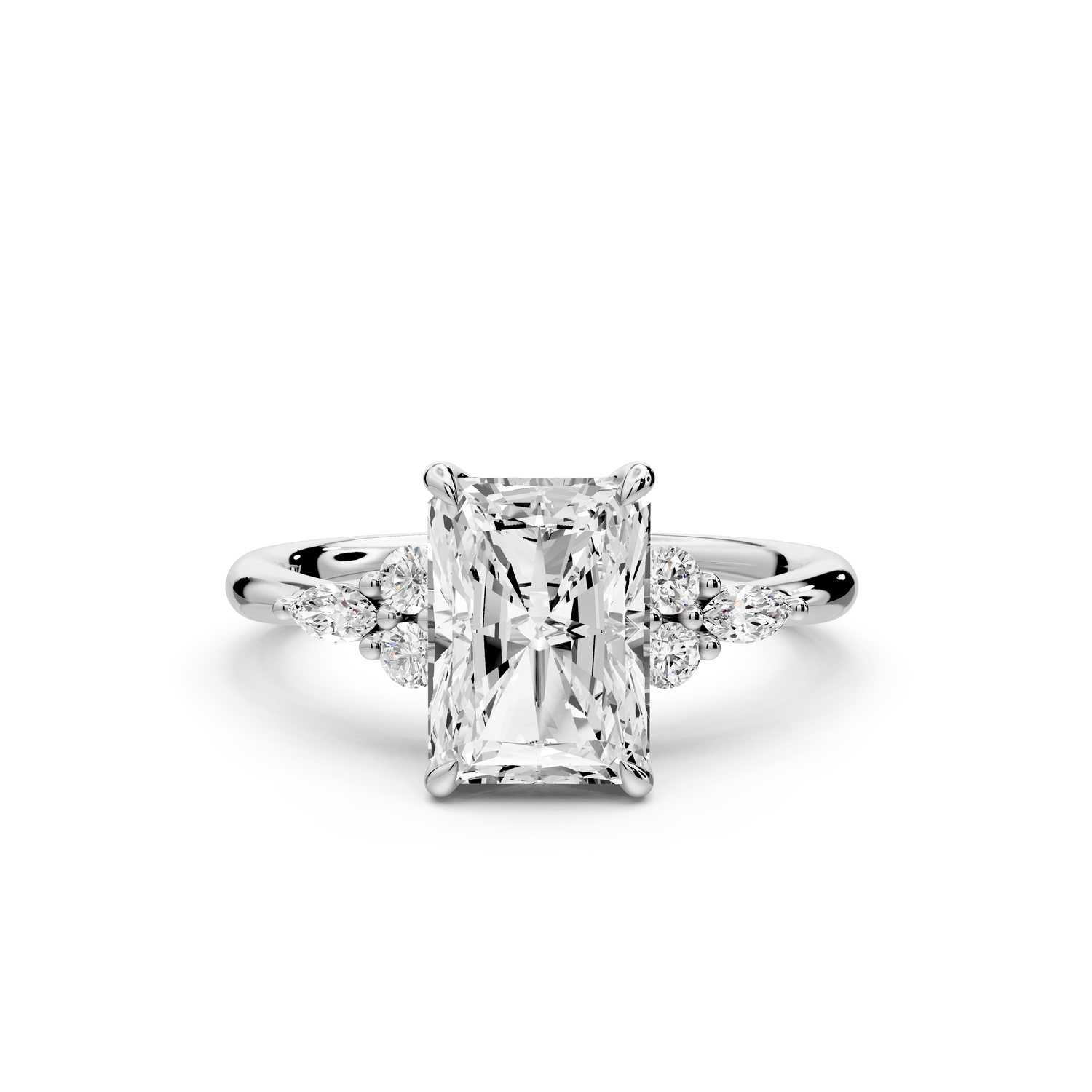Sandi - 2ct platinum Radiant Floral Cluster Side-Stone Engagement Ring with Plain Band