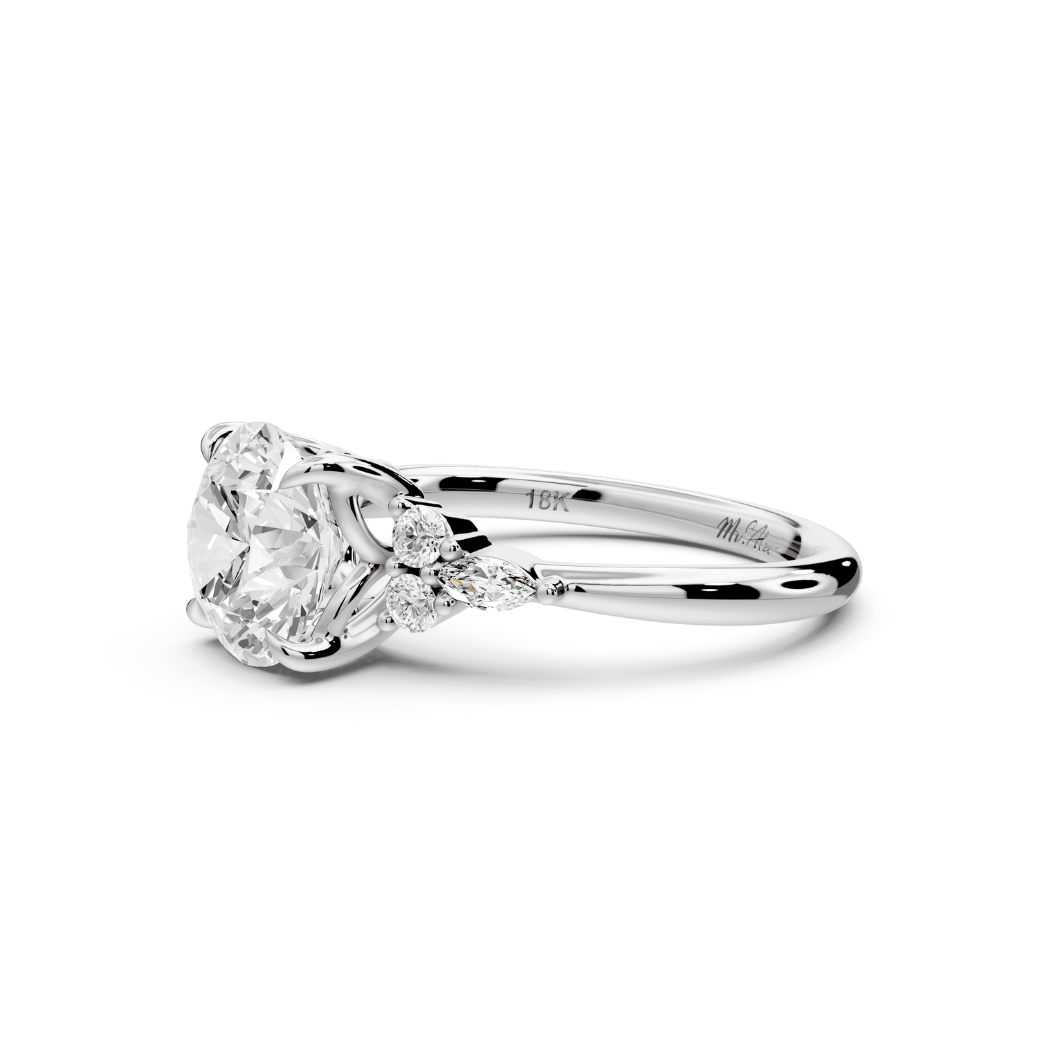 Sandi - 2ct platinum Round Floral Cluster Side-Stone Engagement Ring with Plain Band