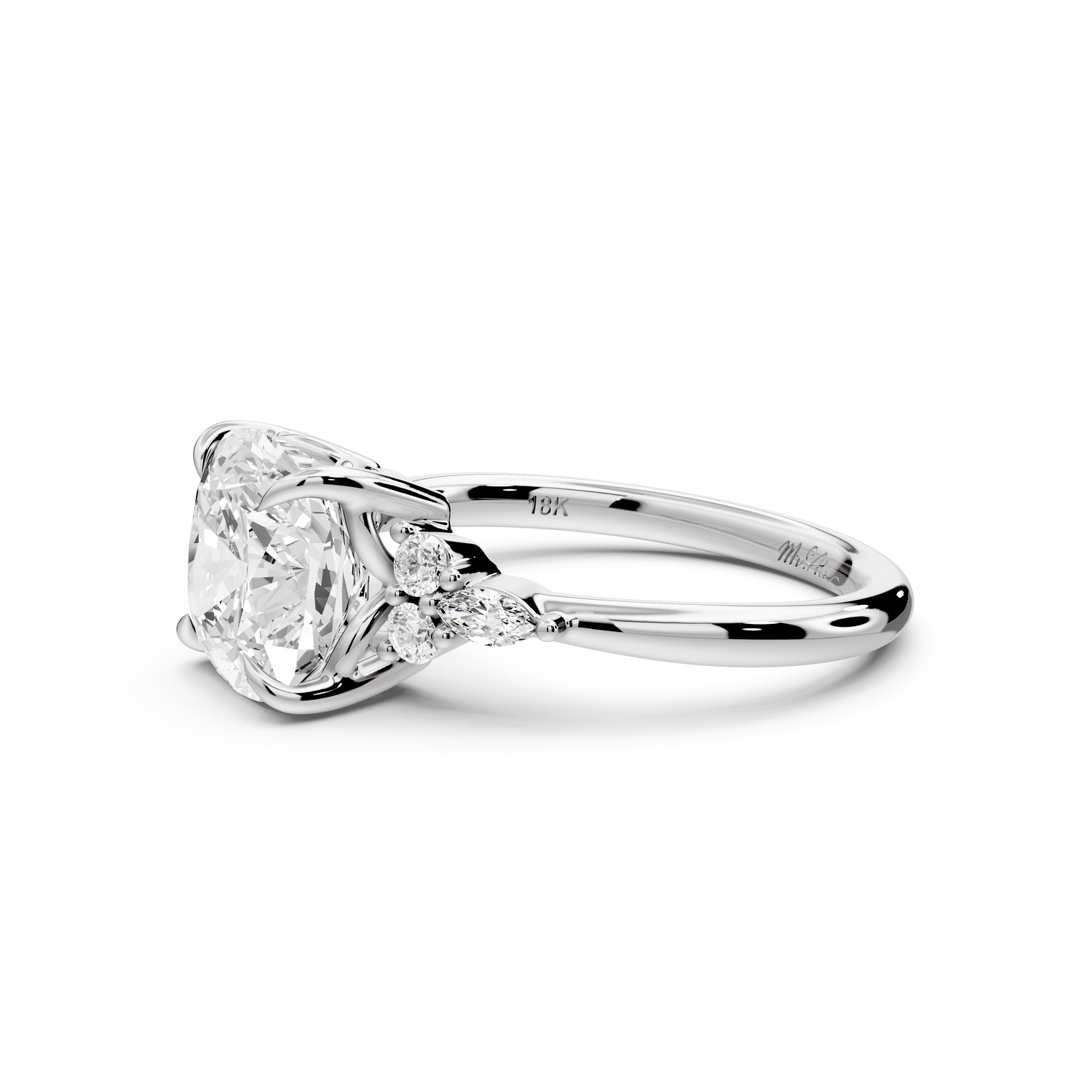 Sandi - 3ct platinum Cushion Floral Cluster Side-Stone Engagement Ring with Plain Band