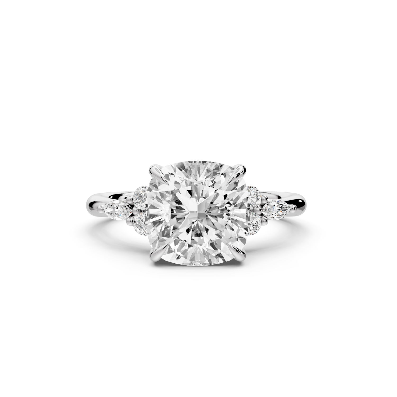 Sandi - 3ct platinum Cushion Floral Cluster Side-Stone Engagement Ring with Plain Band
