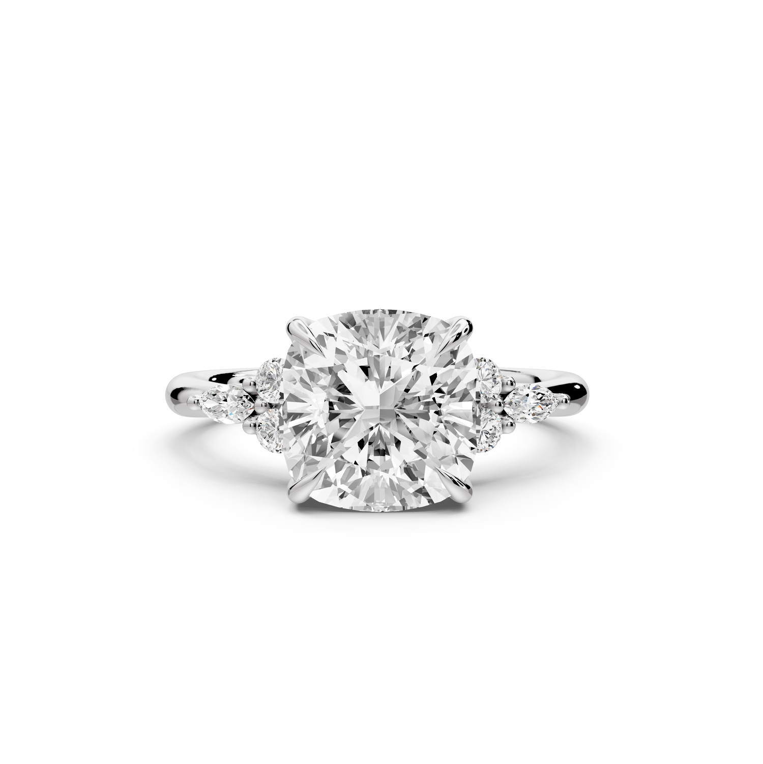 Sandi - 3ct platinum Cushion Floral Cluster Side-Stone Engagement Ring with Plain Band