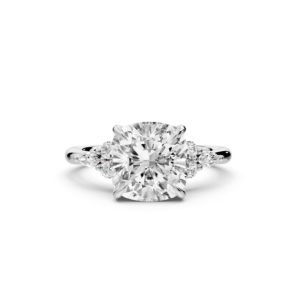 Sandi - 3ct platinum Cushion Floral Cluster Side-Stone Engagement Ring with Plain Band