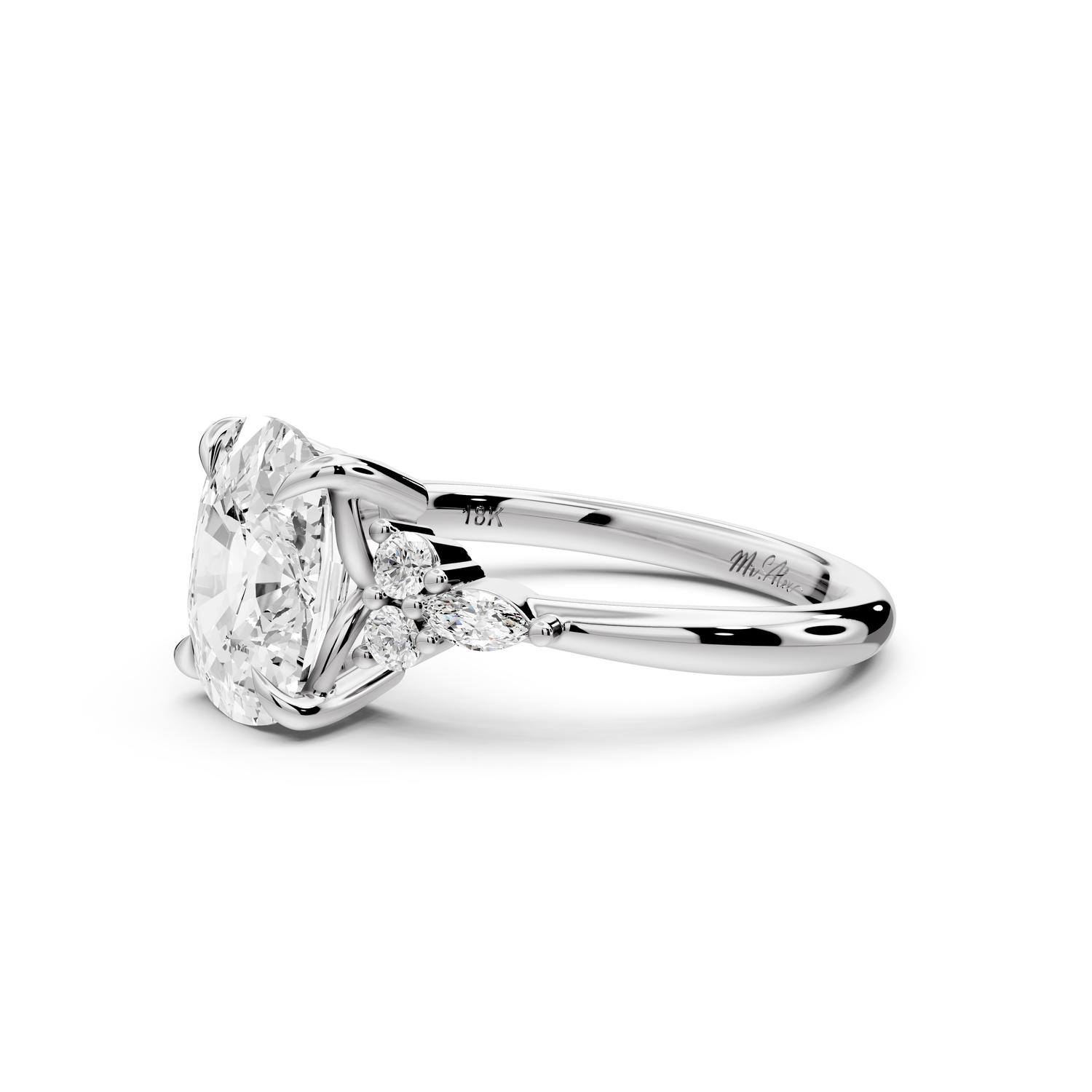Sandi - 3ct platinum Ecushion Floral Cluster Side-Stone Engagement Ring with Plain Band