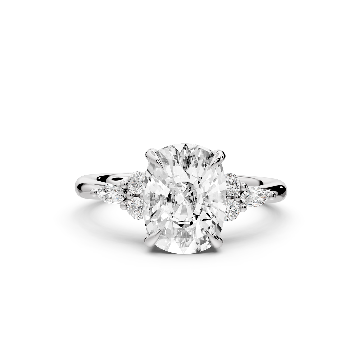 Sandi - 3ct platinum Ecushion Floral Cluster Side-Stone Engagement Ring with Plain Band