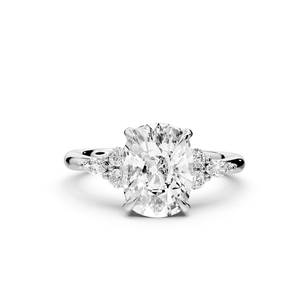 Sandi - 3ct platinum Ecushion Floral Cluster Side-Stone Engagement Ring with Plain Band