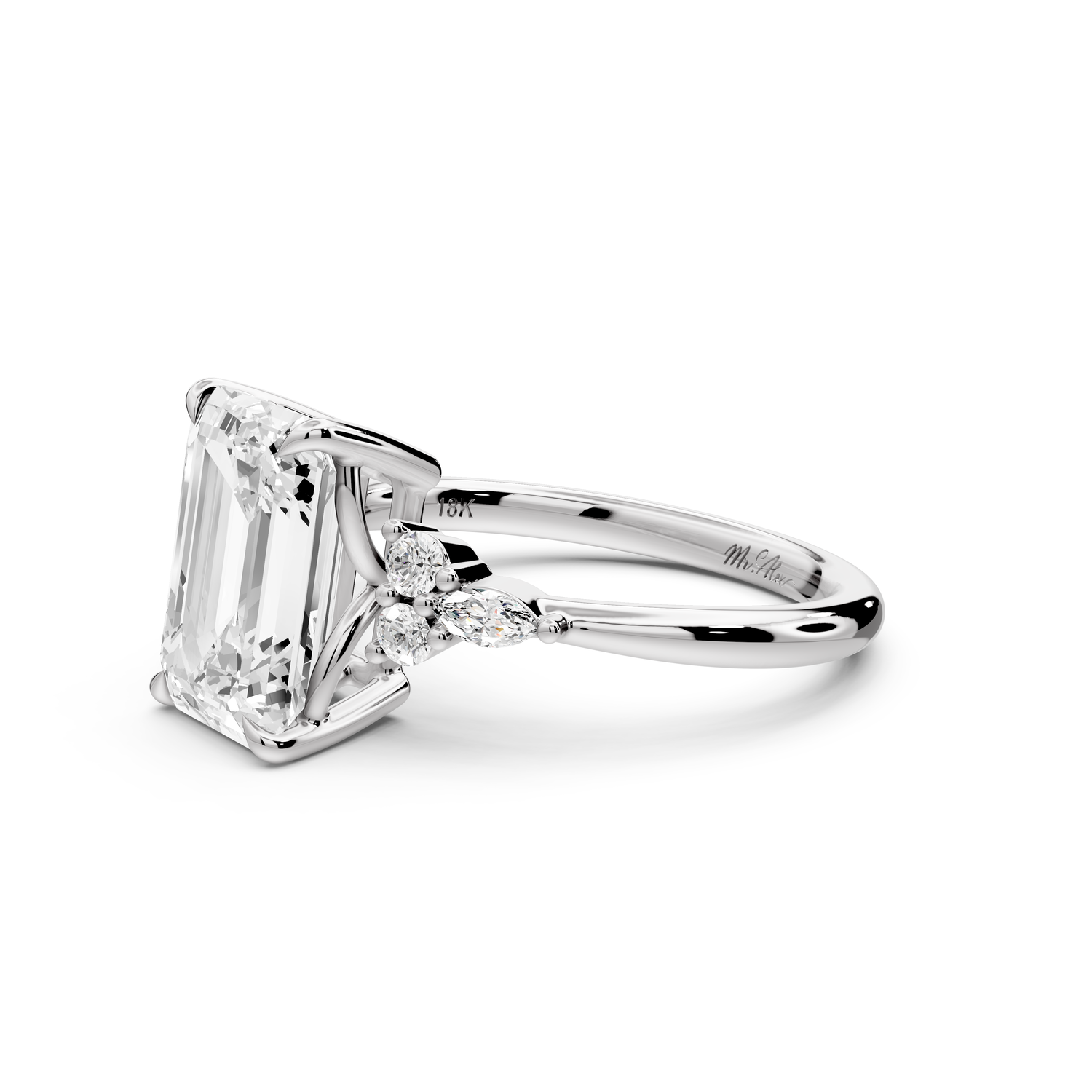 Sandi - 3ct platinum Emerald Floral Cluster Side-Stone Engagement Ring with Plain Band