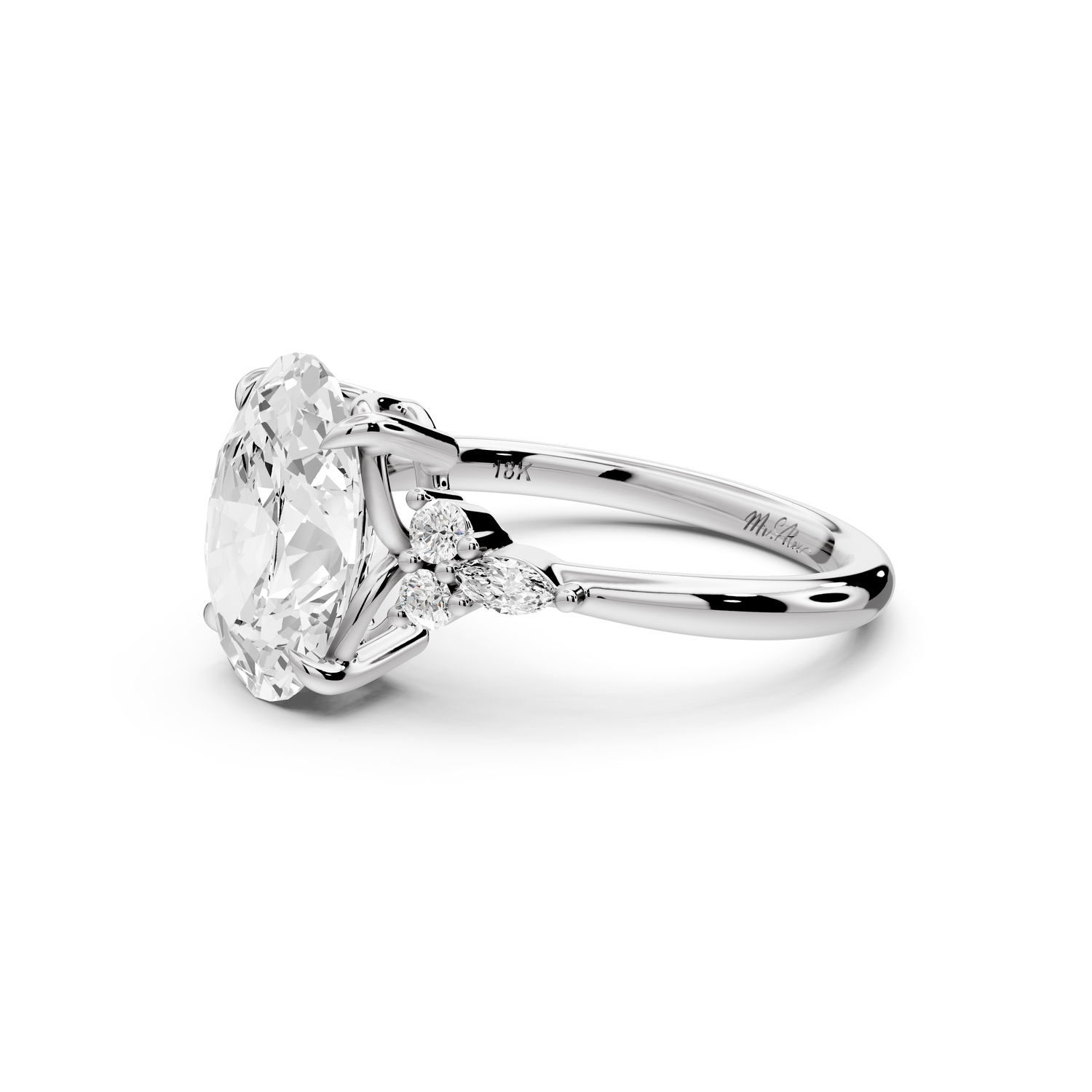 Sandi - 3ct platinum Oval Floral Cluster Side-Stone Engagement Ring with Plain Band